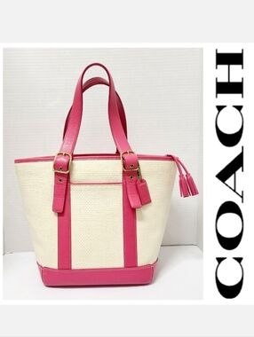 Coach VINTAGE 02' Tote Bag No 8908 Natural Straw/Hot Pink Leather